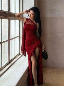 Women's One Shoulder Mesh Slit Formal Long Dress, Suitable For Wedding Guest, Prom, Homecoming, Evening Party, Wine Red Elegant Outfit - Burgundy - View 5
