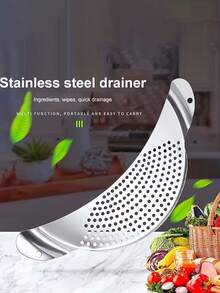 1pc Stainless Steel Strainer, Vegetable Colander, Moon-Shaped Pot Side Strainer, Residue Filter, Filter Plate, Draining Tray - Multicolor - View 3
