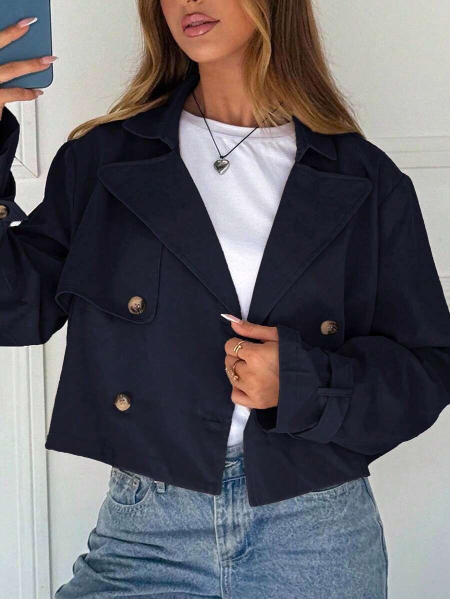 Women's Apricot Solid Color Double Breasted Short Jacket For Autumn/Winter - Navy Blue - View 1
