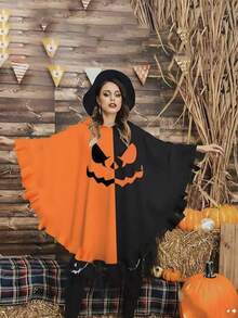 1pc Black & Orange Colorblock Hooded Cape With Pumpkin Print, Halloween Party Theme, Suitable For Carnival And Various Cosplay Props - Multicolor - View 5