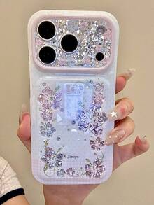 Luxury Vine Hibiscus Polka Dot Plaid Laser Asymmetrical Rhinestone Sequin Pattern Camera Protection Phone Case, Compatible With IPhone 18 Pro Max 18 Pro 17 Pro Max 17 Pro 16 Pro Max 15 Pro Max 14 Pro Max 13, Pink Soft Edge Raised Airbag Glitter Protective Shell - Flowers - View 2