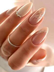 24pcs Medium Almond French Tip Press-On Nails, Floral Glitter And Rhinestone Elegant Design Full Coverage Fake Nails, Suitable For Women And Girls Daily Wear - Multicolor - View 6