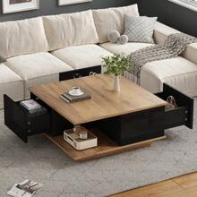 70 X 70 X 31.5 Cm Coffee Table With 3 Drawers, Geometric Coffee Table, High-Gloss Living Room Table, Sofa Table, Side Table, Suitable For Small Spaces, Black + Natural Wood Color - Dark Brown + Black - View 4
