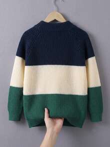 Boys' Tween BoysCollege Style Color Block Striped Half-Zip Sweater, Small Stand Collar Knit Pullover, Long Sleeve, Suitable For School, Casual, Spring, Autumn, Winter - Navy Blue - View 4