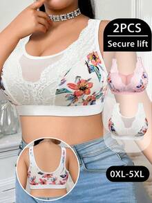 2pcs/Set Women Plus Size Casual Comfortable Minimalist Style Bra, Printed Design With Lace Patchwork, Wire-Free Soft Comfortable Lingerie - Multicolor - View 5
