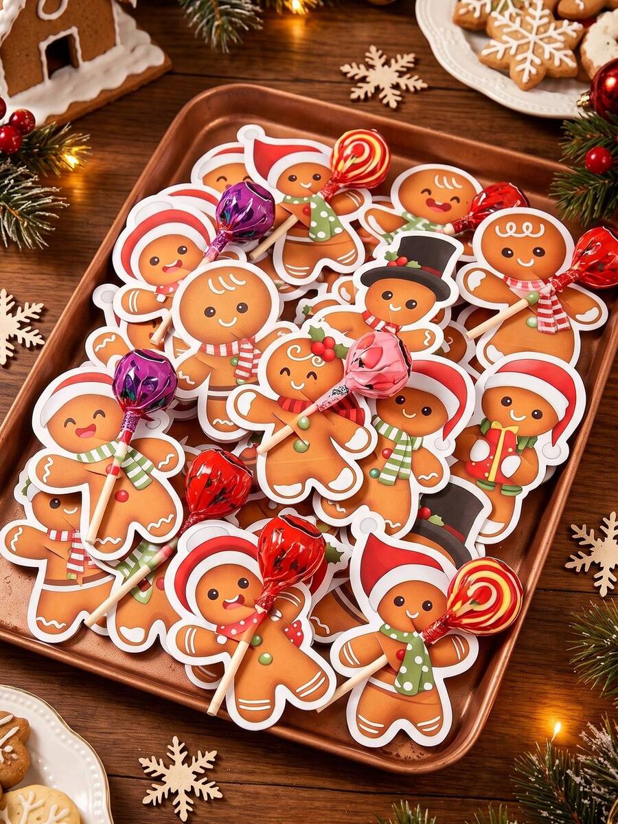 48pcs Christmas Cartoon Gingerbread Man Lollipop Cardstock, Christmas Mixed Style Lollipop Decoration Cardstock, Gingerbread Man Shaped Lollipop Cardboard, Christmas Candy Paper Packaging, Christmas Party Supplies, Christmas Party Decoration, Christmas Home Decor, Autumn/Winter Holiday Decoration, Room Decor, Kitchen Decor, Christmas Gift, Party Favors, Christmas Gift Wrapping Supplies, 2027 New Year Home Holiday Party Decoration