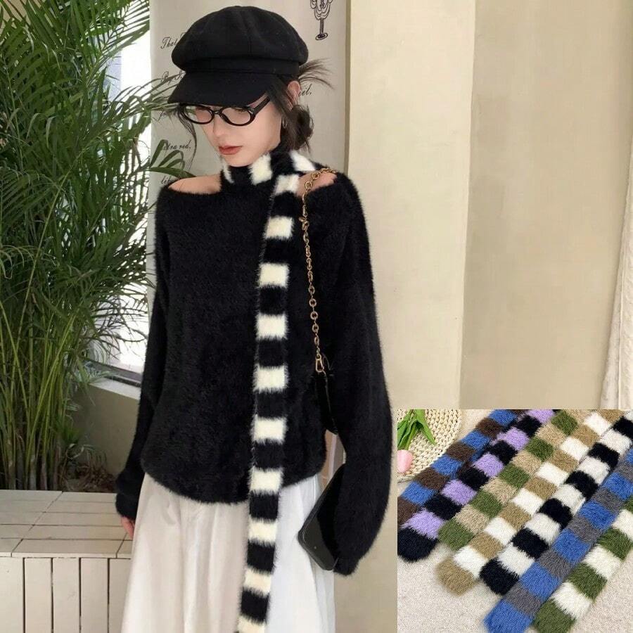 1pc Striped Cute Plush Small Scarf, Spring/Autumn/Winter Fashion Narrow Long Neck Scarf With Ribbon - Faux Mink Scarf - View 1