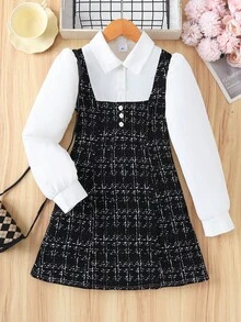 Autumn/Winter Girls Casual Cute Versatile Simple Fashion Shirt Collar Long Sleeve Colorblock Dress - Black and White - View 2