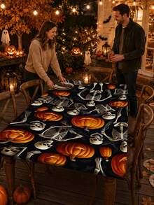 1pc Halloween Elastic Rectangular Tablecloth, Full Moon Haunted House Pumpkin Ghost Print, Outdoor Yard Party, Halloween Popular Decoration, Holiday Banquet Table Protector - C - View 7