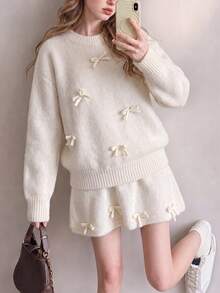 Women's New Comfortable Cream-Colored Knitted Sweater And Skirt Set, Decorated With Bows, Perfect For Winter Home Leisure Wear - White - View 5