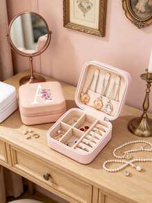 A-Z Floral Initial Travel Jewelry Organizer, Pink PU Leather Mini Zipper Jewelry Box, Compartment Portable Ring Earring Necklace Storage Box, A-Z Letter Women Girls Gift Box - Multicolor - View 3