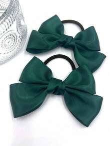 2 Pcs Satin Bow Hair Ties, Emerald Green Ribbon Elastic Ponytail Holders Cute Bows Hair Accessories For Girls Women Fall Decor - Dark Green - View 4