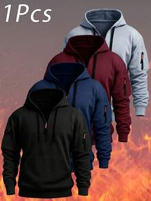 Sweatshirt berkerudung setengah resleting pria dengan tudung bertali, saku lengan berresleting, dan desain saku kanguru, cocok untuk berkemah, mendaki, dan berbagai aktivitas rekreasi luar ruangan. - Hitam - View 9