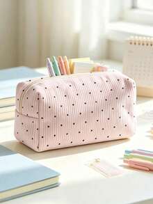 Campus Style Polka Dot Pencil Case/Stationery Storage Bag - Multi-Functional Large Capacity Design, Suitable For Storing Office Supplies, Creative Multi-Purpose Pencil Box Or Portable Travel Makeup Bag, Ideal For Students And Adults Daily Use. Polka Dot Density And Stripe Direction Random - Multicolor - View 3
