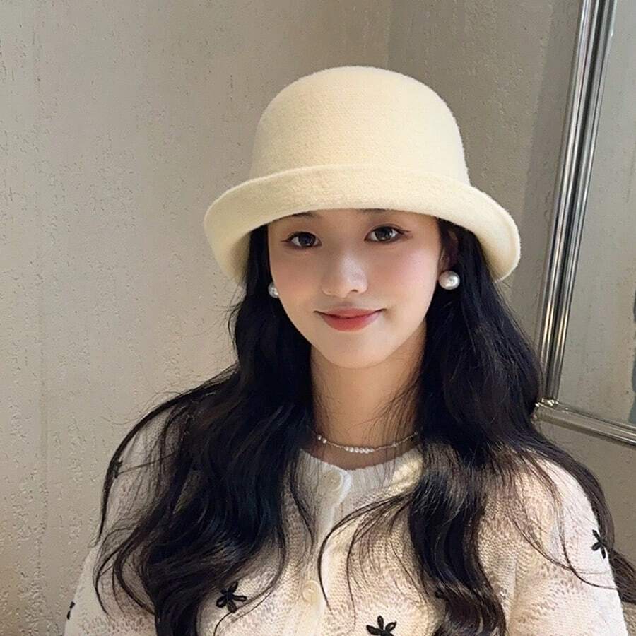 1pc Vintage Acrylic Solid Color Knitted Hat, All-Season Rolled Brim Bucket Hat, Korean Style - Rolled Brim Hat - View 1