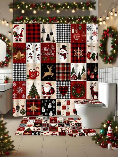1/4pcs Elegant Christmas Plaid Snowman Style Bathroom Set - Bathroom Curtains, Includes 12 Hooks, 2D Flat Shower Curtain, Non-Slip Bath Mat And Toilet Lid Cover - Exquisite And Practical Home Decor Gift, Suitable For Winter Christmas