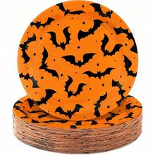 10pcs/30pcs/50pcs Halloween Orange And Black Bat Paper Plate, 7/9 Inch, Decorated With Orange And Black Bat Pattern, Disposable Paper Plate, Suitable For Halloween Parties, Day Of The Dead, Birthday And Holiday Table Decorations. - View 1