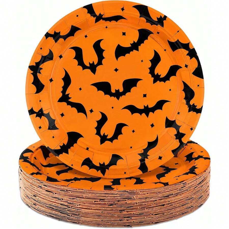 10pcs/30pcs/50pcs Halloween Orange And Black Bat Paper Plate, 7/9 Inch, Decorated With Orange And Black Bat Pattern, Disposable Paper Plate, Suitable For Halloween Parties, Day Of The Dead, Birthday And Holiday Table Decorations. - View 1