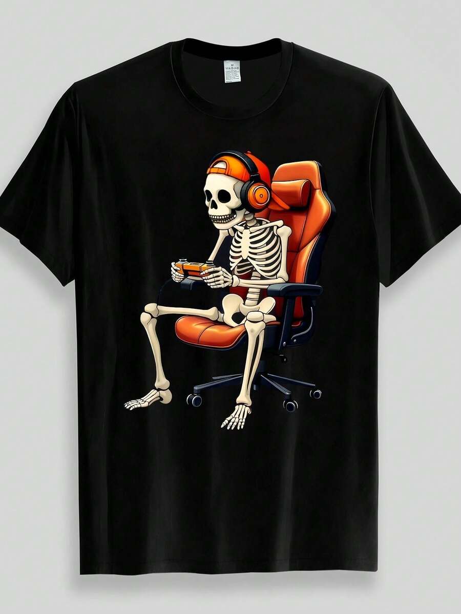 Skull Gamer Wearing Headphones Holding A Controller Orange Gaming Chair ...
