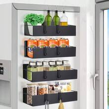 1/2pcs Magnetic Side Storage Rack Set, Suitable For Refrigerator And Washing Machine - No Drilling Required, Easy Installation, Fashionable Black Metal Texture, Wall-Mounted Spice Rack - Black - View 8
