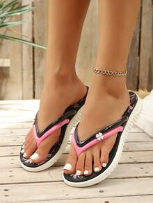 Women's Colorblock Printed Flip Flops, Fashionable Beach Sandals, Comfortable Outdoor Slippers For Vacation - Black - View 1