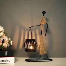 1pc 2D Vintage Acrylic Character Candle Holder Decorative Ornament, Rope Woven Design, Nordic Style Home Decor, Atmospheric Desktop Display - Sets - View 5