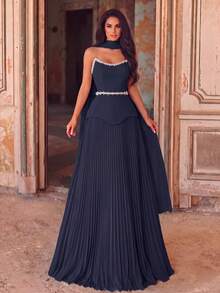 Faeriesty Gaun Formal Wanita Tanpa Tali dengan Lipit dan Pinggang Elegan untuk Pesta Pernikahan Musim Gugur - Navy Blue - View 8