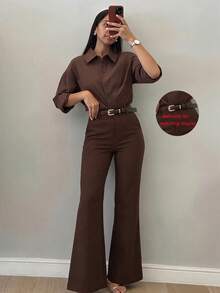 Women's Minimalist Design Flared Leg Casual Trousers, Suitable For Commuting, Office, Daily Wear, All Seasons Spring Fall - Brown - View 5