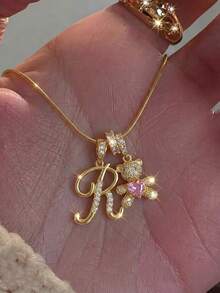 1pc Exquisite Cute Pink & Initial Pendant Necklace, Suitable For Girls Anniversary Party, Birthday Gift, Children's Day And Daily Wear - Gold - View 1