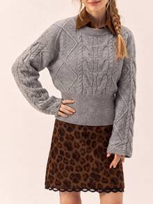 Sweater Pullover Rajut Kabel Wanita, Atasan Rajut Pendek Lengan Panjang, Cocok untuk Dipakai di Musim Gugur/Musim Dingin - Grey - View 1