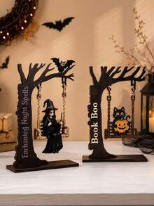 1pc Halloween Witch & Black Cat Swing Desktop Ornament, Tree Design With Pumpkin, Owl And Bat, Suitable For Desktop, Bookshelf And Home Party Decoration - Multicolor - View 2