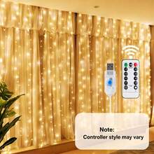 1pc 200 LED 3x2m USB Curtain String Lights With Remote Control, Warm White 8 Modes High Brightness Hanging Decor Lights Suitable For Ramadan, Easter, Wedding And Party Decoration - Warm white light - View 12