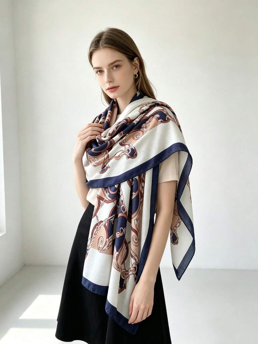 1PcVintage Chain Print Large Scarf, Soft Faux Cashmere Warm Shawl Wrap, Retro Old Money Style Fashion Neck Scarf For Women - Multicolor - View 1