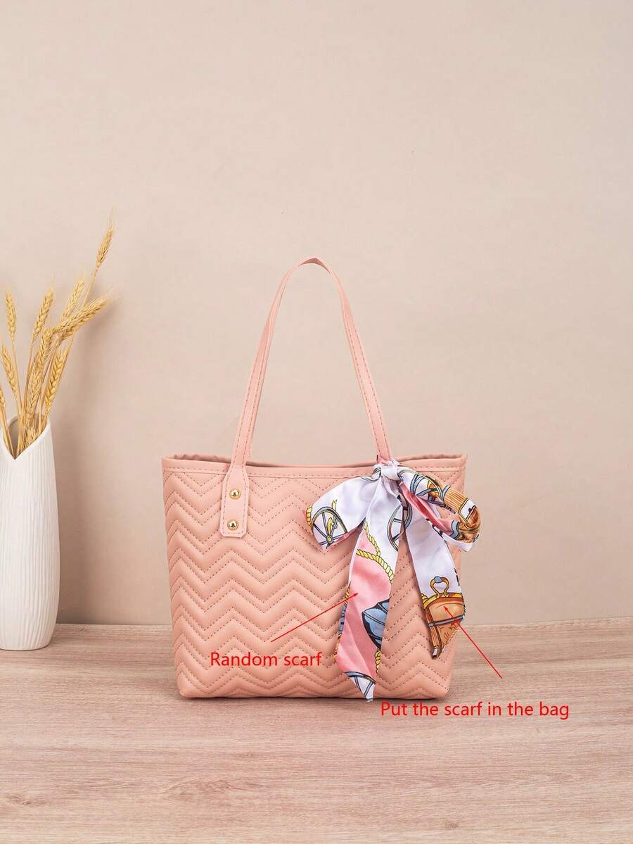 1pc Quilted Diamond Embroidered Tote Bag With Scarf Decoration, Large Capacity, Lightweight, Versatile For Commuting - Pink - View 1