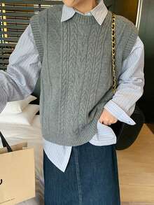 [Y6Y]1pc Women's Sweater Vest, Autumn/Winter Korean Style Thick Retro Cable Knit Top, Suitable For Layering With Shirts And T-Shirts - Grey - View 5