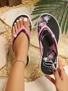 Women's Colorblock Printed Flip Flops, Fashionable Beach Sandals, Comfortable Outdoor Slippers For Vacation - Black - View 4