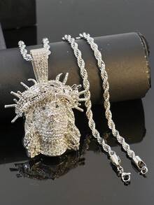 1pc Hip Hop Full Rhinestone Jesus Head Pendant Necklace, Heavy Rhinestone Inlaid Cuban Chain, Gold Vintage Religious Style Accessory, Rap Stage Party Unisex Personalized Gift Jewelry - Crown Of Thorns Jesus - View 17
