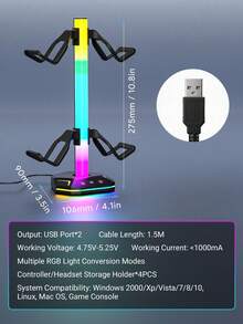 Teckwe حامل سماعات ألعاب RGB مع 2 منفذ USB و 1 منفذ Type-C، 10 أوضاع إضاءة، قاعدة مطاطية مانعة للانزلاق، إكسسوار مكتبي كامل، هدية مثالية للاعبين - الأسود - مشاهدة 7