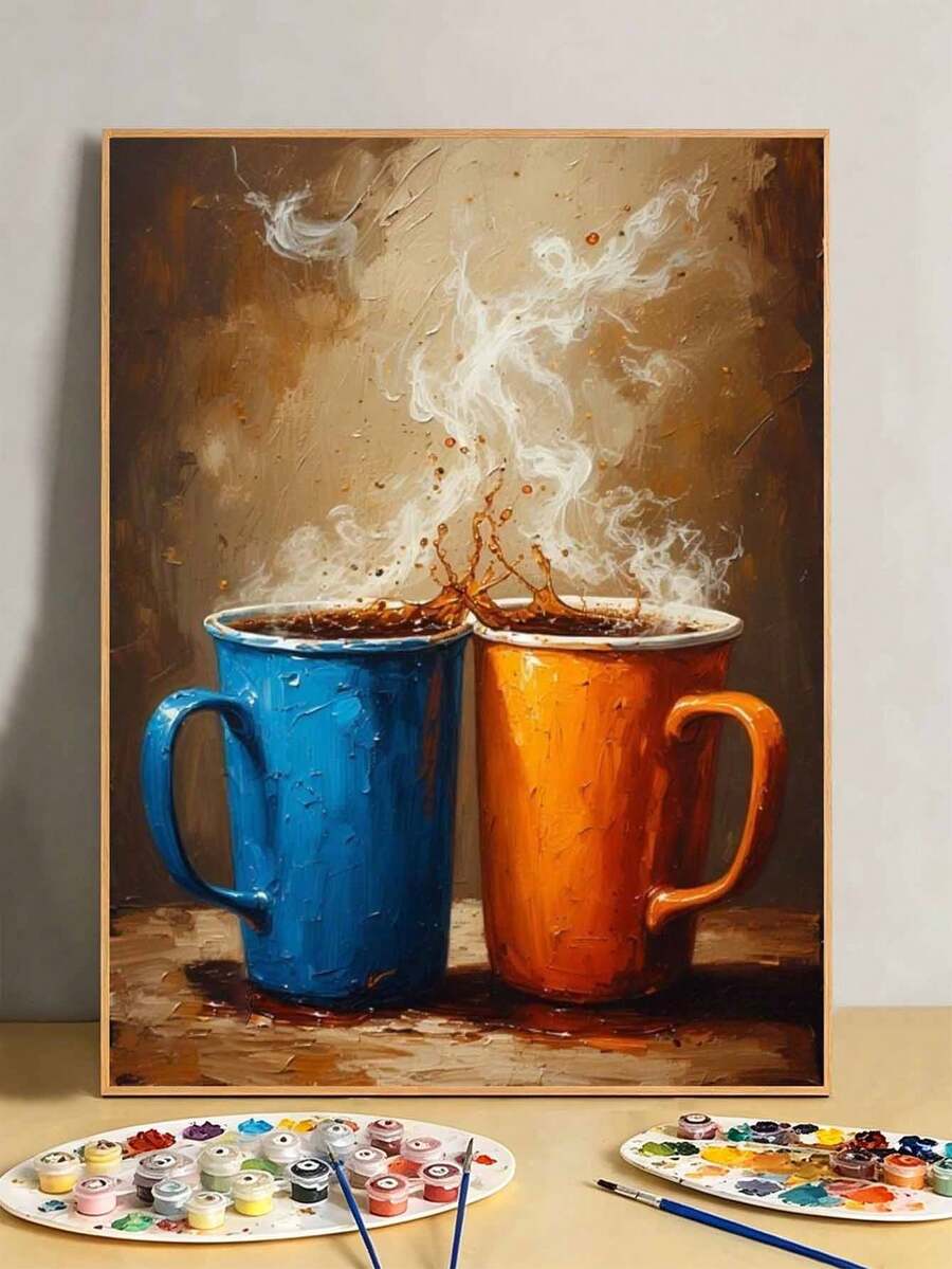 DIY 藍橙咖啡杯蒸氣圖案數字油畫套裝(無框 8x12 / 16x20 英吋)丙烯顏料,適合成人初學者的藝術手工,居家牆面裝飾,完美節日禮物 - 套裝 - 查看 1