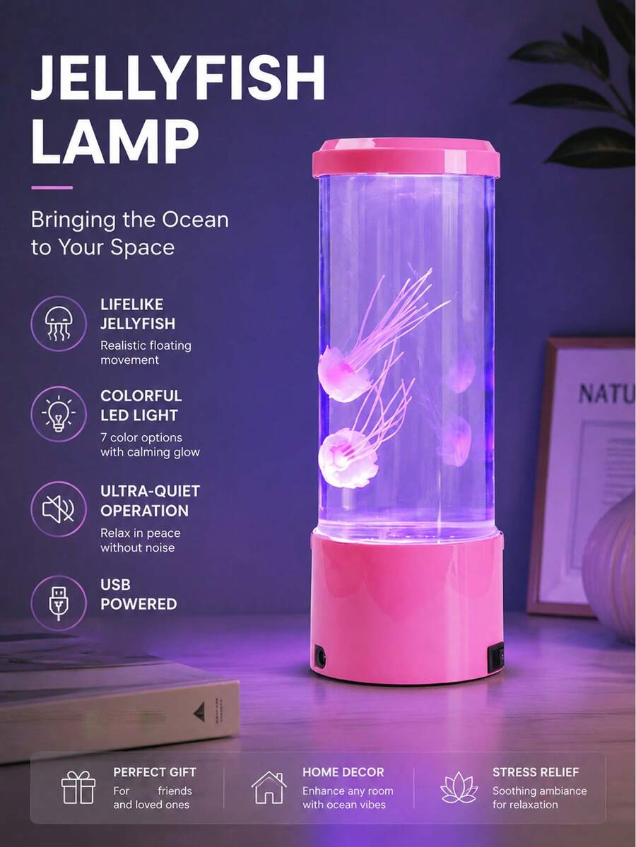 Jellyfish Lamp With LED Colorful Lighting Modes For Aquarium & Table | USB Plug-And-Play Night Light For Bedroom/Living Room/Party Decor Unique Holiday Gift (Christmas/Birthday) For Adults & Teens