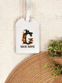 Custom Name Halloween Pumpkin Initial Luggage Tag, PU Leather Personalized Suitcase Label, Travel Accessory Halloween Christmas Gift - White - View 6