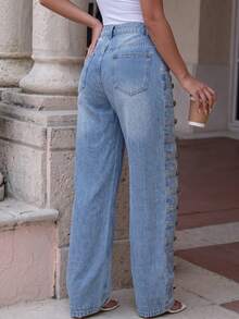 HAPPY GIRL Spring/Autumn Versatile Casual Fashion Elegant Denim Daily Vacation Women's Court Style Side Buckle Curved Leg Pants - Blue - View 5