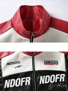 Men's Colorblock Racing Leather Jacket With Stand Collar, Zipper, Letter Print, Hip-Hop Street Style Motorcycle Riding Coat, Suitable For Spring And Autumn Wear - Red - View 7