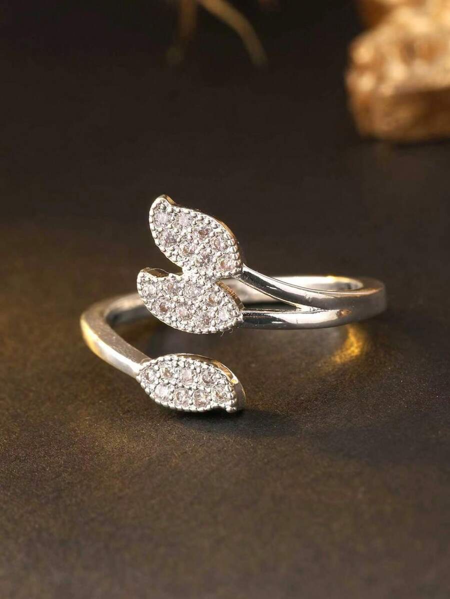 1pc Leaf-Shaped Cubic Zirconia Women's Ring, Silver Open Adjustable Ring, Daily Wear Wedding Ring, Saudi National Day Jewelry - Leaf Ring - View 1