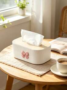Adorable Bow-Decorated Tissue Box, Minimalist Wood Grain Napkin Dispenser, Bedroom/Living Room/Office Desktop Tissue Holder,Rectangular Vertical Striped Tissue Storage Rack, Desktop Napkin Container For Bedrooms,Offices, And Cars, Gift Selection - Multicolor - View 1