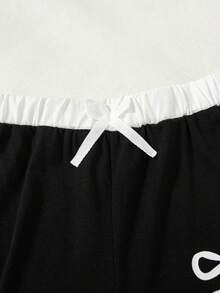 Girls' Casual Fashion Bow Print Colorblock Round Neck Asymmetric Hem Slim Fit Long Sleeve Top And Straight Leg Pants 2 Pieces Set, Spring/Autumn - Black - View 7