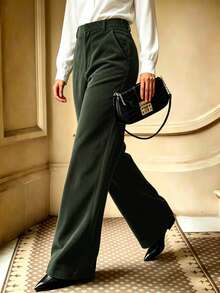 Women's Autumn/Winter Fashion High Waist Solid Color Straight Leg Pants - Army Green - View 7