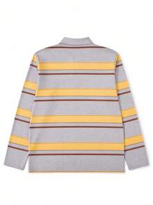 Men's Spring/Autumn Grey & Yellow-Brown Striped Long Sleeve Polo, American Vintage Loose Fit Rugby Casual Shirt - Yellow - View 5