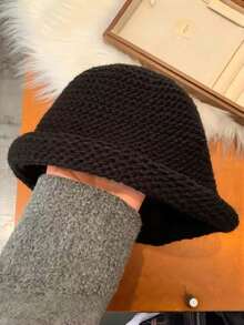 1pc New Autumn/Winter Women's Bucket Hat, Premium Feel, Face-Slimming, Versatile Solid Color Knitted Rolled Edge Woolen Bucket Hat - Multicolor - View 8