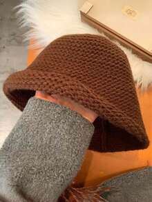 1pc New Autumn/Winter Women's Bucket Hat, Premium Feel, Face-Slimming, Versatile Solid Color Knitted Rolled Edge Woolen Bucket Hat - Multicolor - View 11